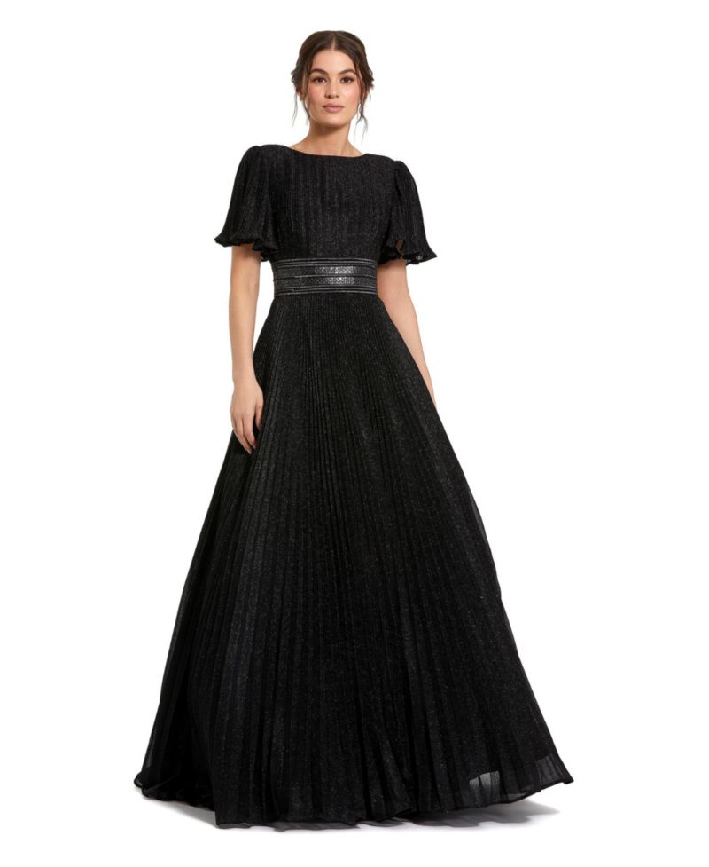 Women's Pleated Shimmering Georgette Flutter Sleeve Gown