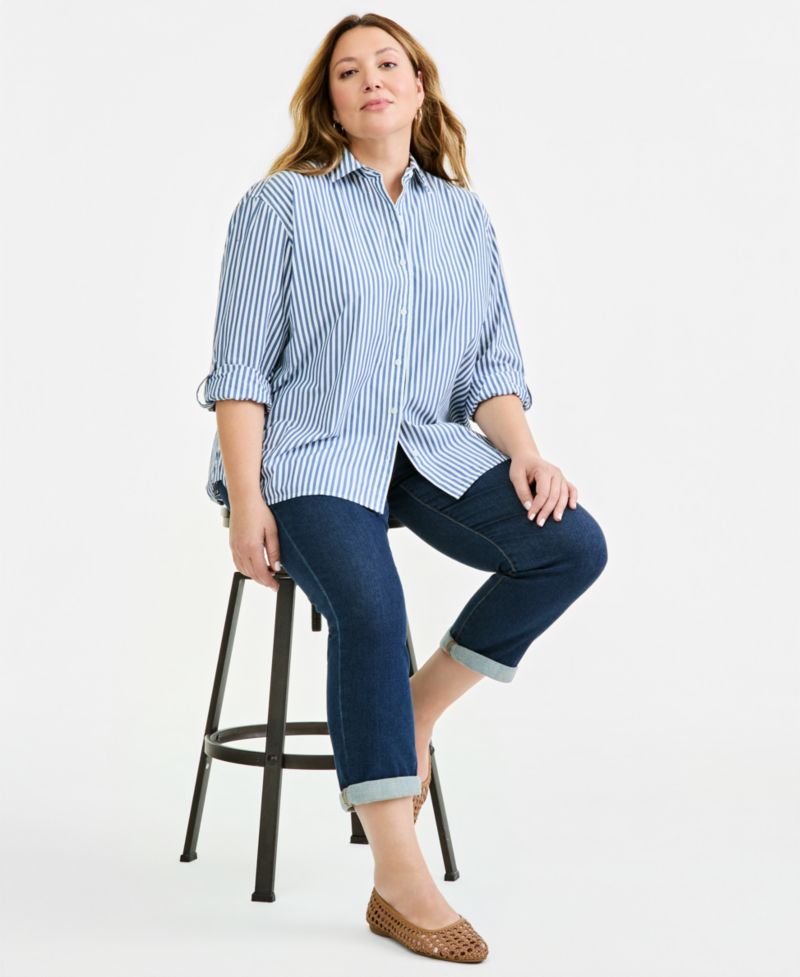 Petite Oversized Roll-Tab Button-Front Shirt