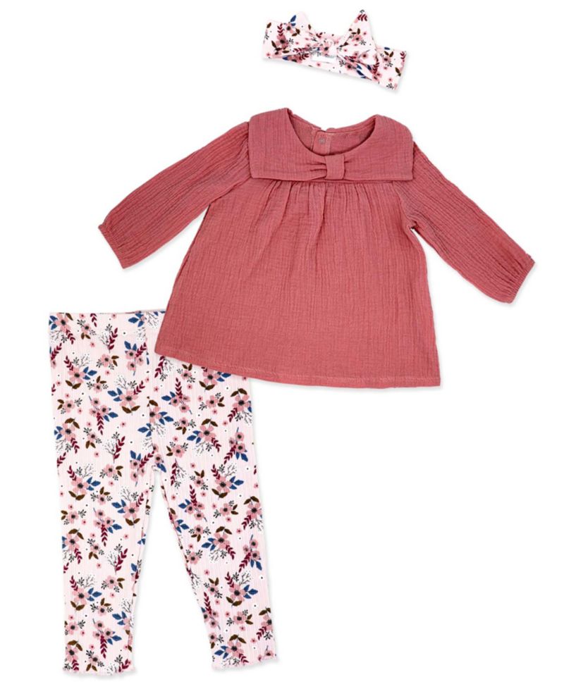 Baby Girls' Long-Sleeve Top, Pant and Headband, 3-Piece Set