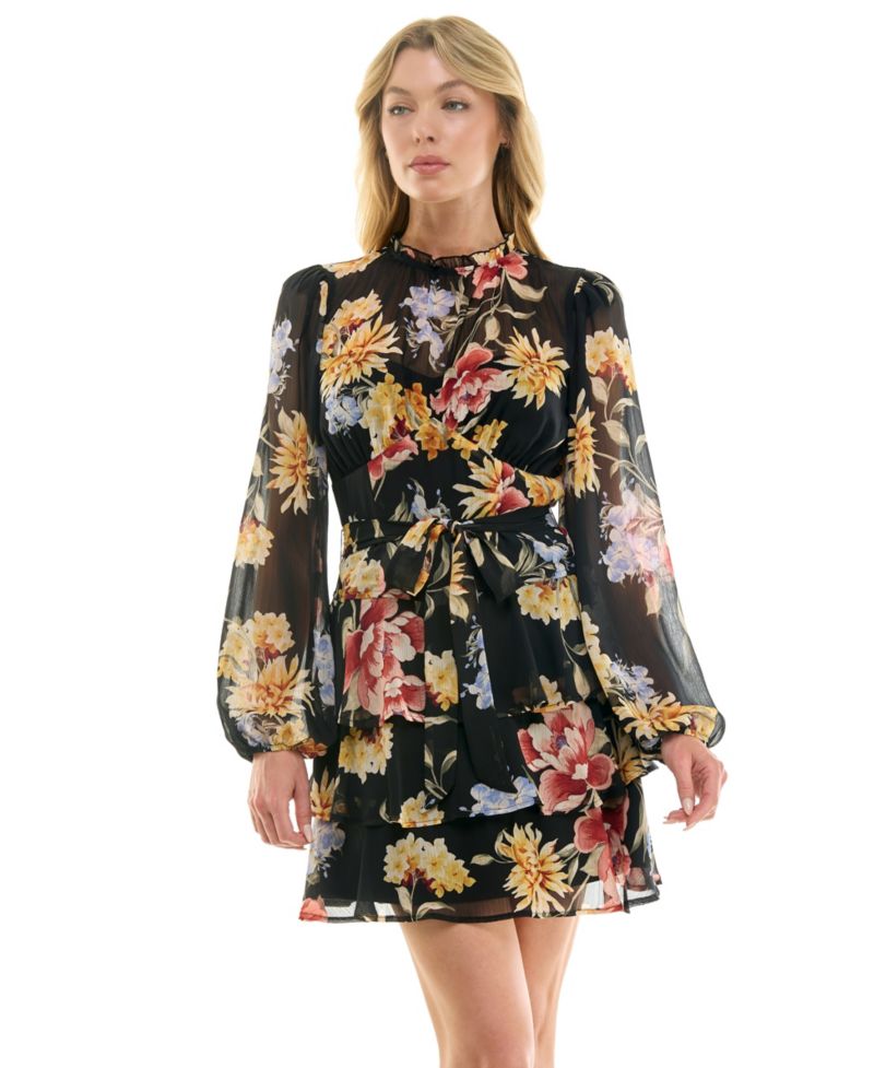 Juniors' Long-Sleeve Boat neck Tiered Skirt Dress
