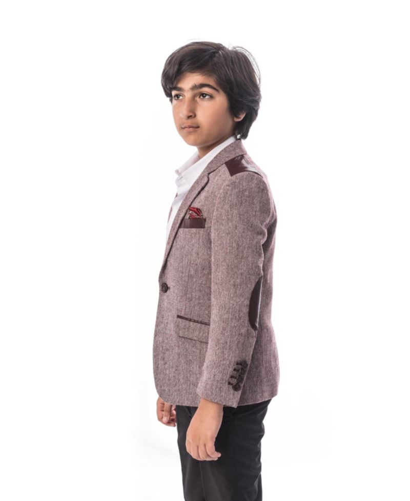 Boys Wine Slim Fit Tweed & Faux Leather Blazer