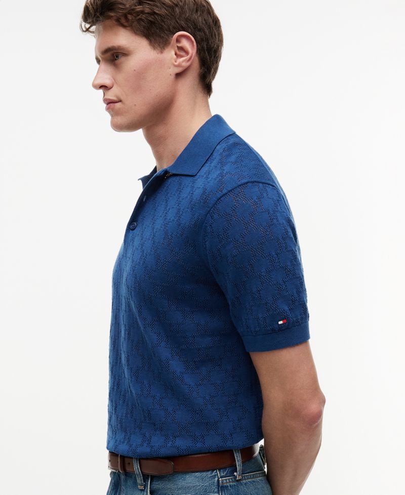 Men's Regular-Fit Open Knit Pattern Short-Sleeve Sweater Polo