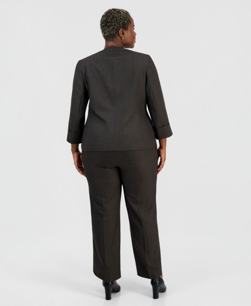 Plus Size Collarless One-Button Jacket & Fly-Front Wide-Leg Pants Suit
