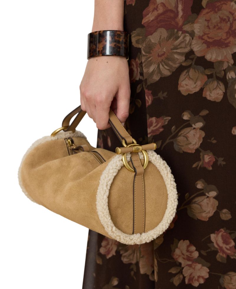 Blaike Suede Shearling Trim Small Barrel Bag