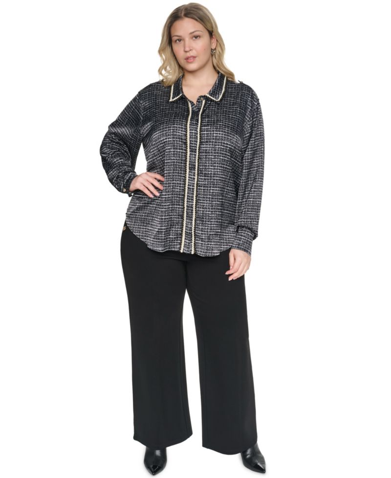 Plus Size Tweed Print Collared Long-Sleeve Top