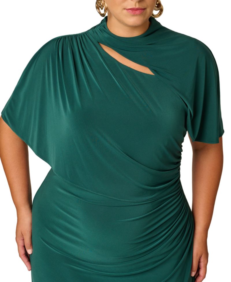 Plus Size Matte Jersey Short-Sleeve Cutout Mock Neck Capelet Dress