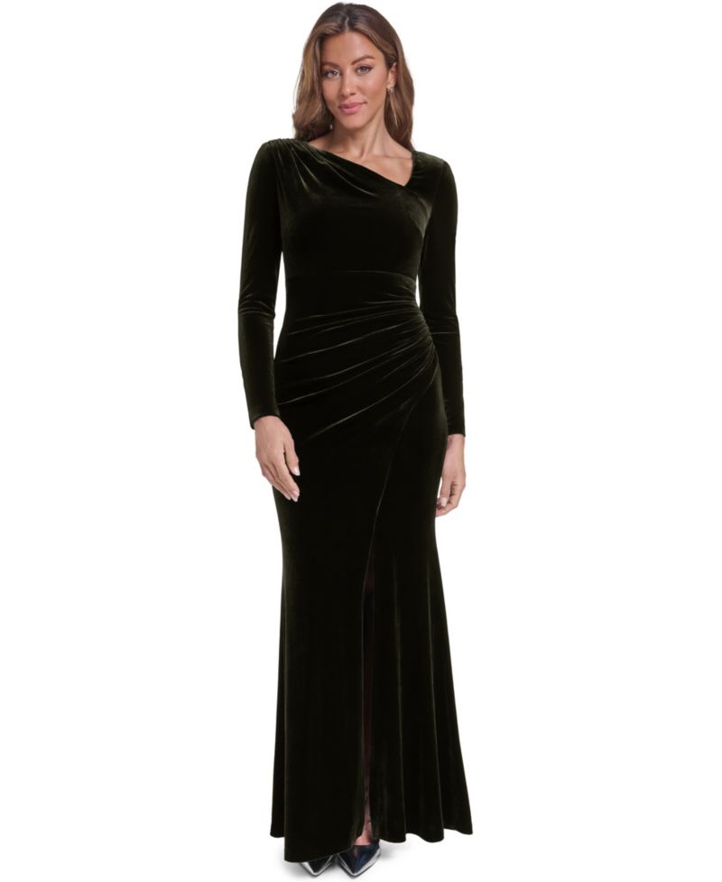 Women's Long-Sleeve Asymmetrical Neckline Velvet Gown