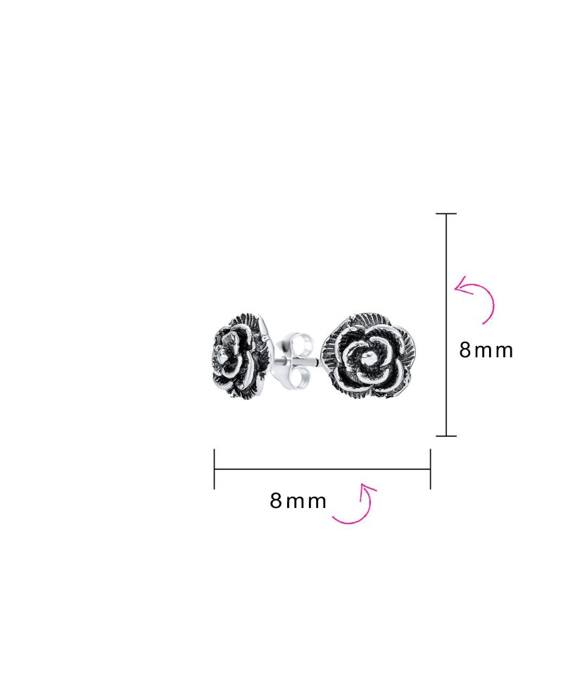Retro Vintage Floral Black Rose Stud Earrings Oxidized Sterling Silver 8MM
