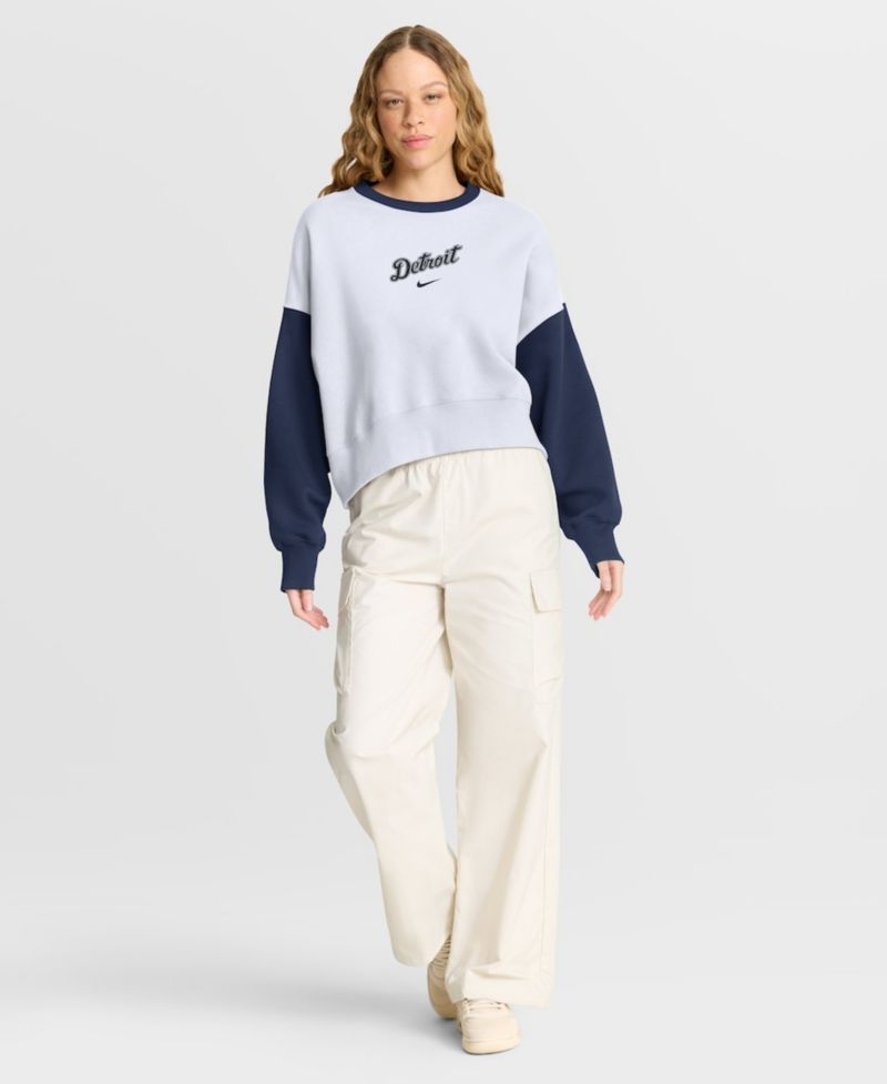 Women's White/Navy Detroit Tigers Oversized High Hip Fleece Sweatshirt
