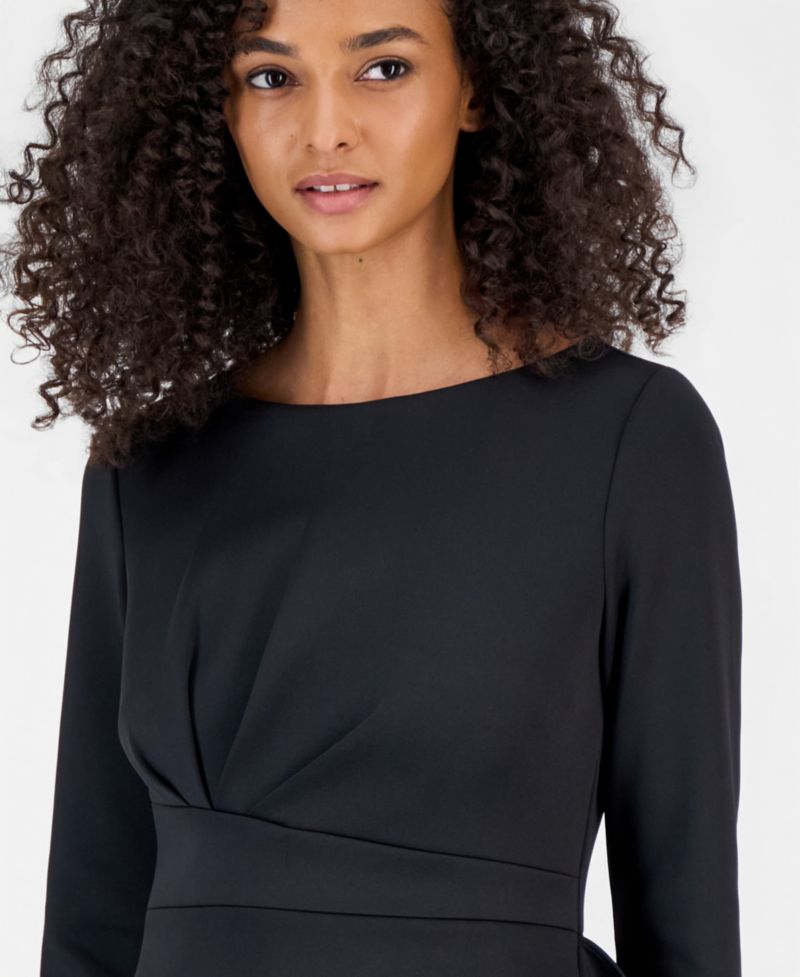 Petite Boat Neck Draped Cascading-Ruffle Sheath Dress