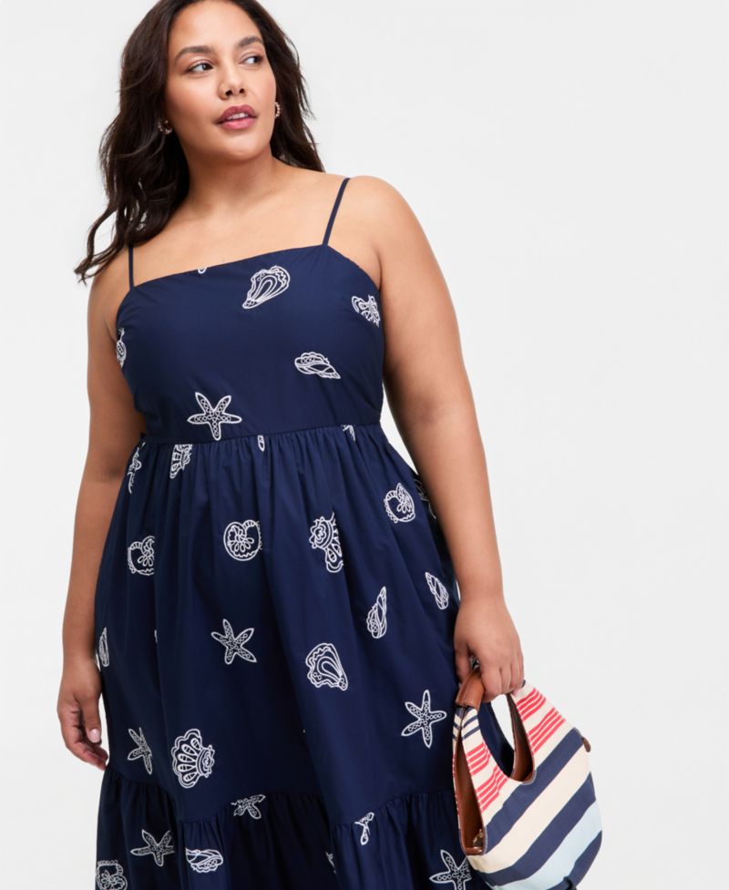 Plus Cotton Back-Cutout Tiered Midi Dress