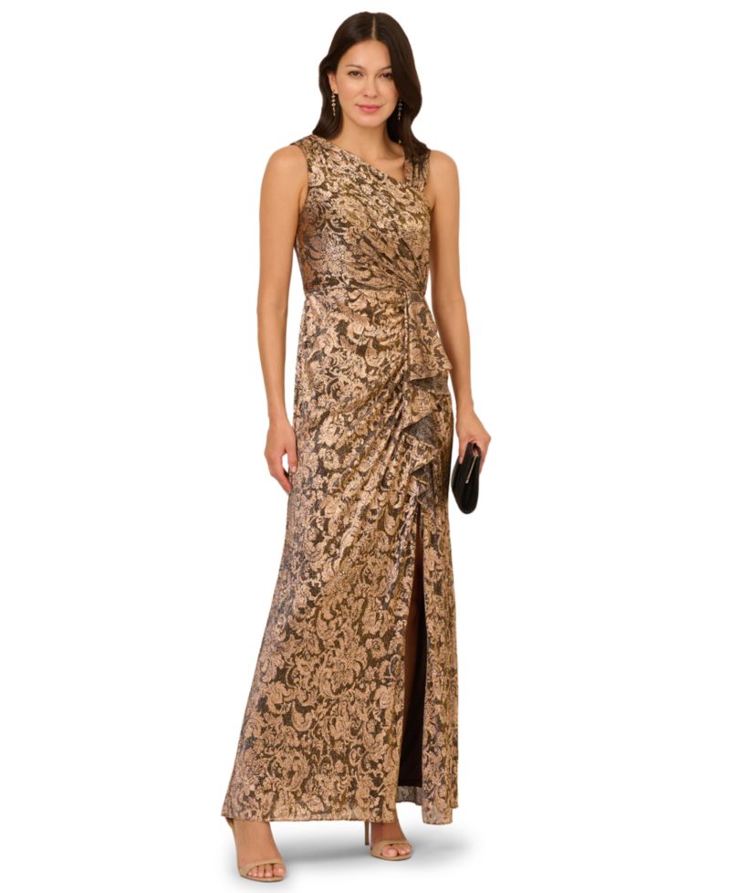 Women's Asymmetrical-Neck Metallic-Crinkle Wedding Guest Long Dress