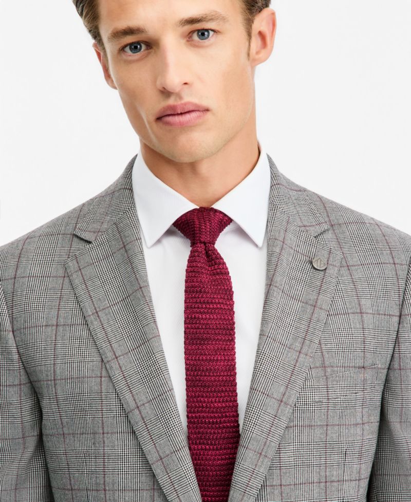 Men's Modern-Fit Gray & Wine Plaid Suit Separate Jacket