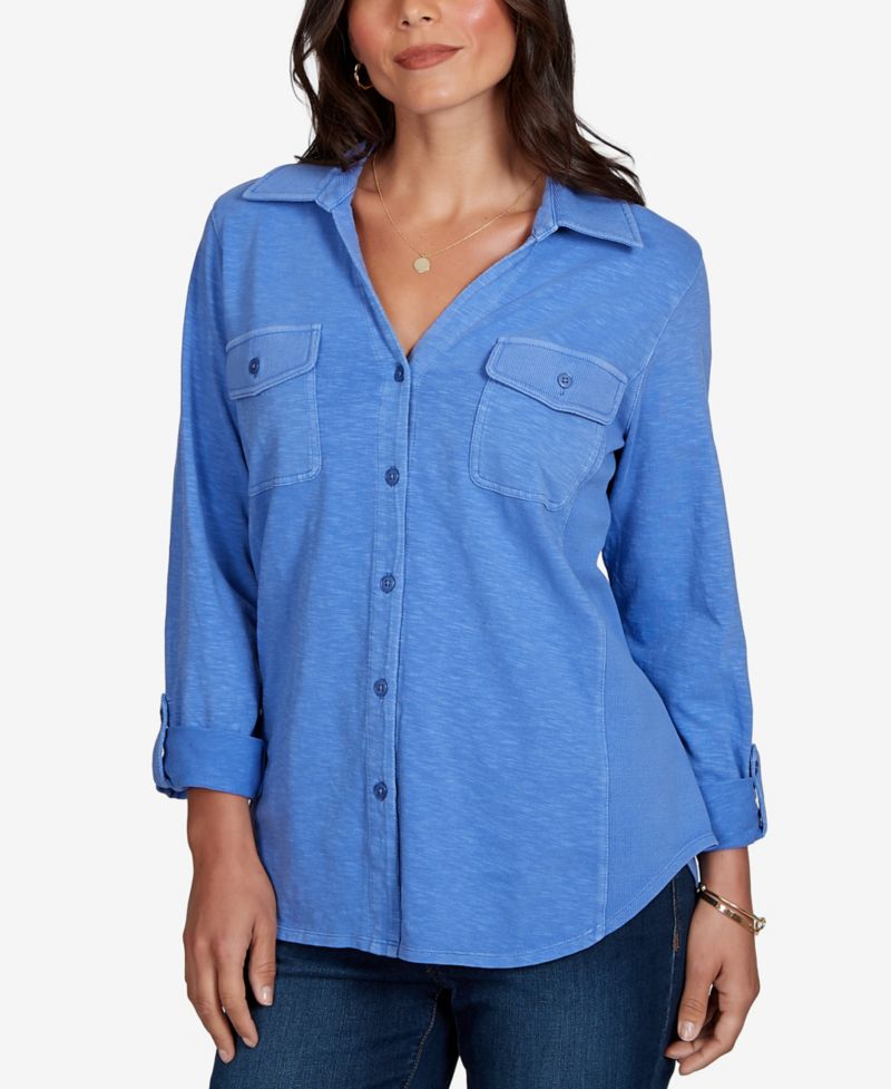 Petite Rib Trim Button-Front Knit Top