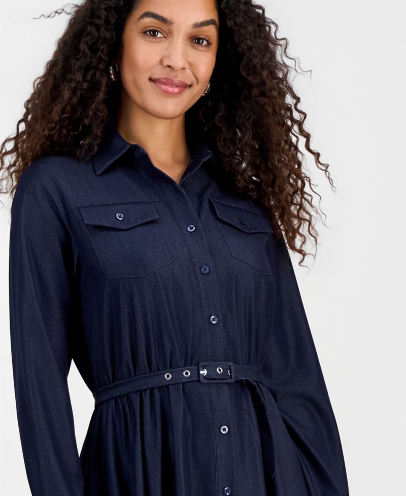 Women's Belted Button Long-Sleeve Fit & Flare Dress
