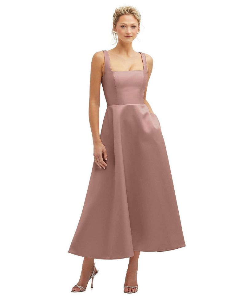 Women's Square Neck Satin Midi Dress with Full Skirt and Pockets
