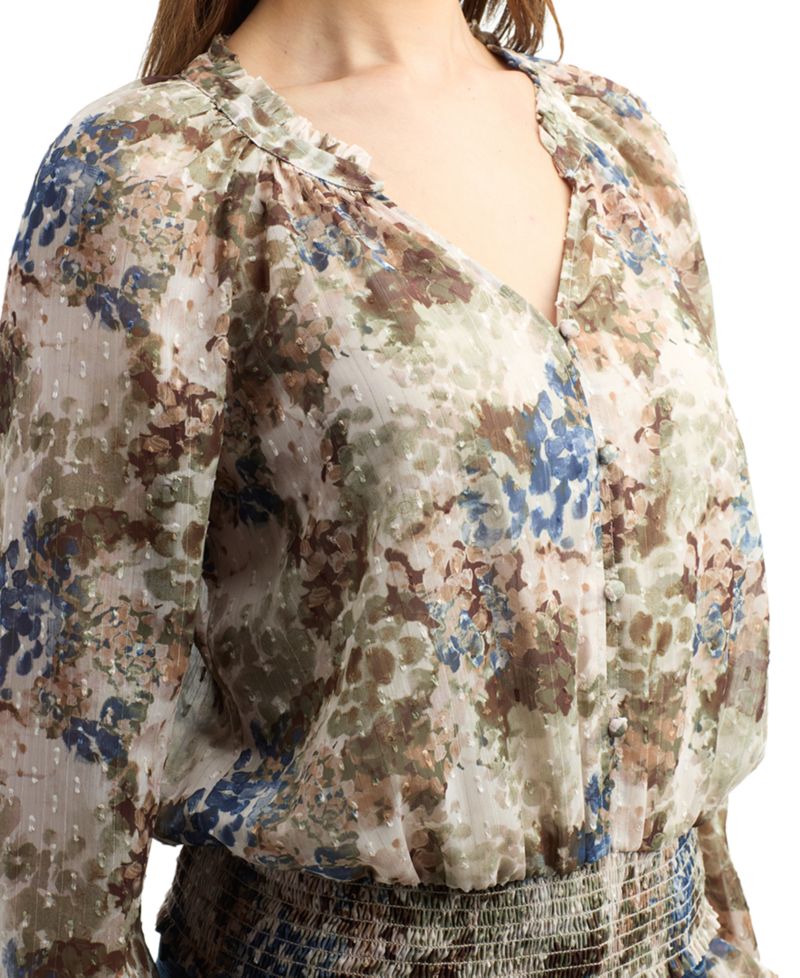 Juniors' Print Sheer Long-Sleeve Blouse