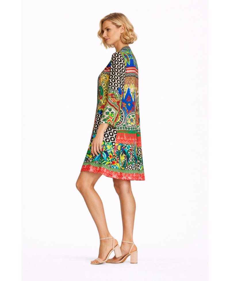 Women's Short Asymmetrical Dress with V-Neck and Mid-Length Sleeves