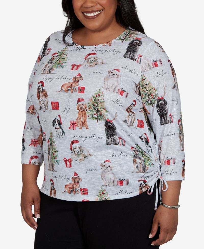 Plus Size Classic Gift Giving Dogs Holiday 3/4-Sleeve Knit Top