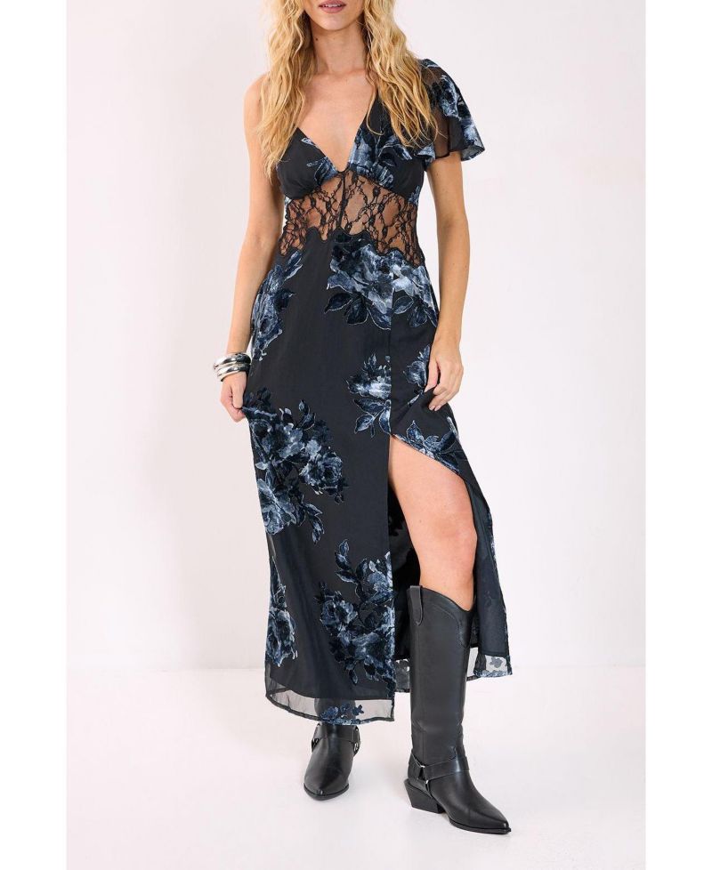 Women's Lace Insert Split Leg Maxi Dress