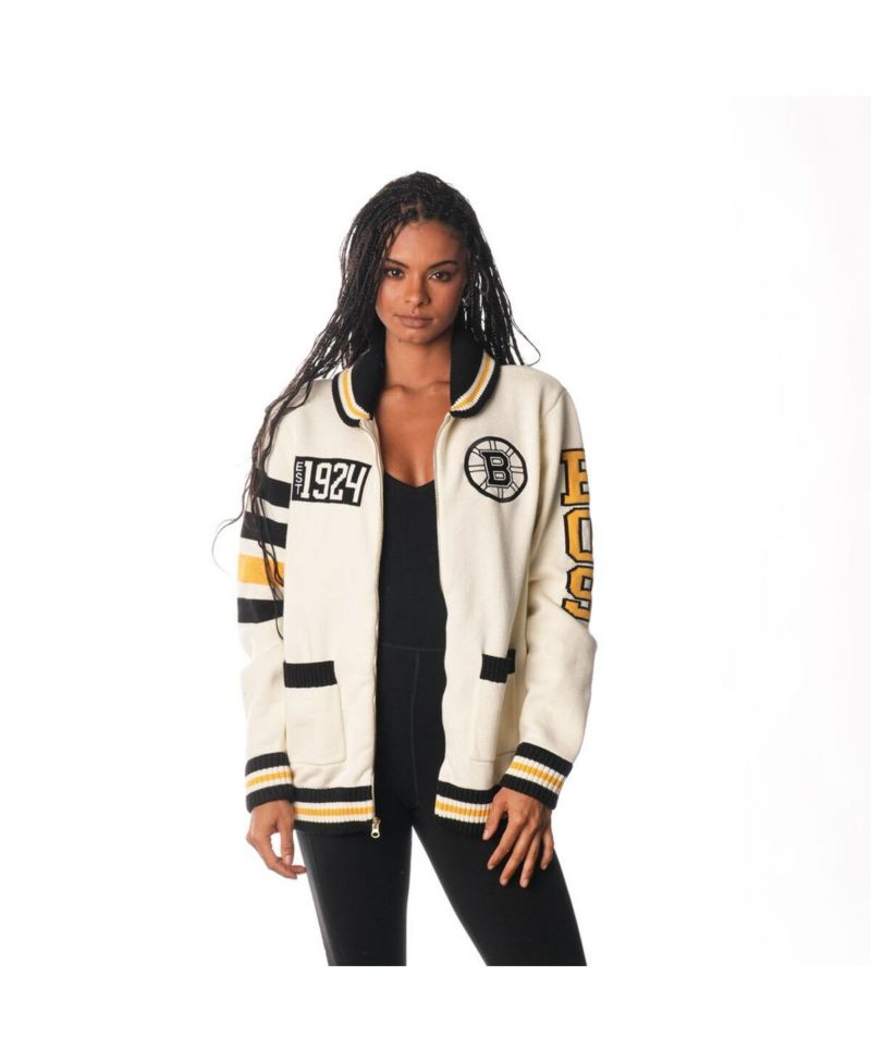 Men's and Women's Cream Boston Bruins Jacquard Full-Zip Sweater