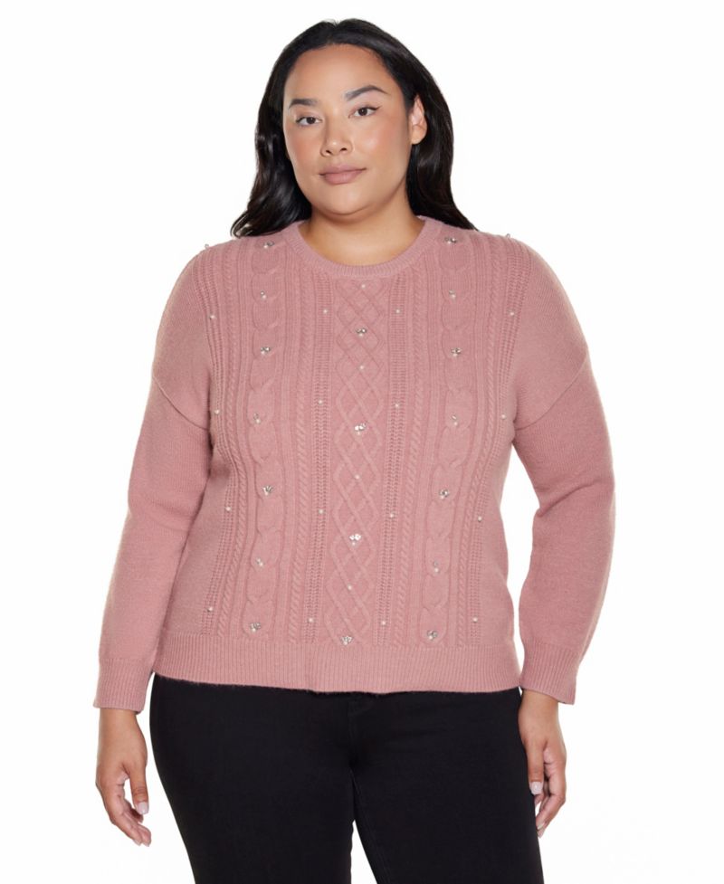 Plus Size Cable Knit Crewneck Long-Sleeve Pullover Sweater