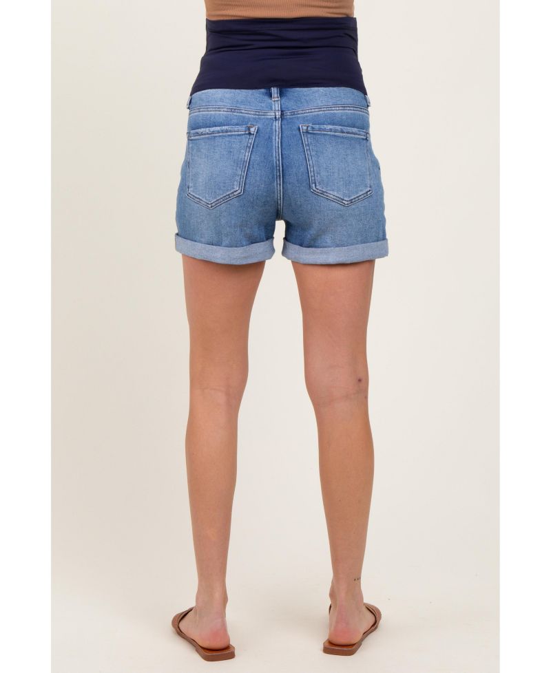 Maternity Navy Distressed Rolled Cuff Jean Shorts