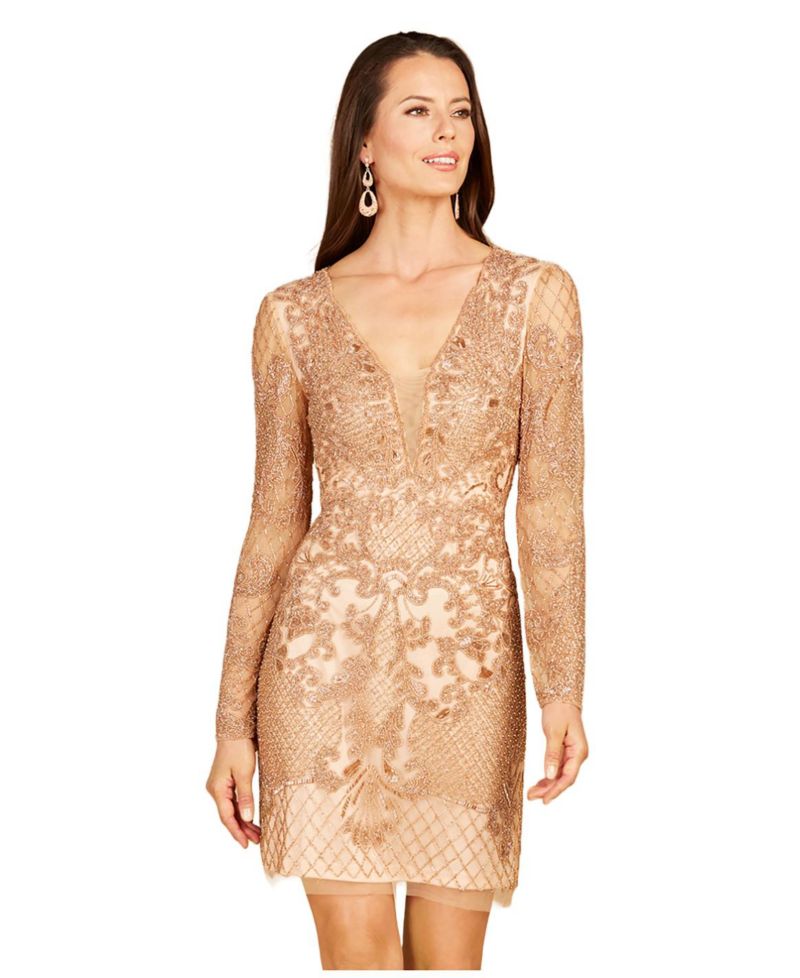 Women's - Long Sleeve Beaded Cocktail Dress