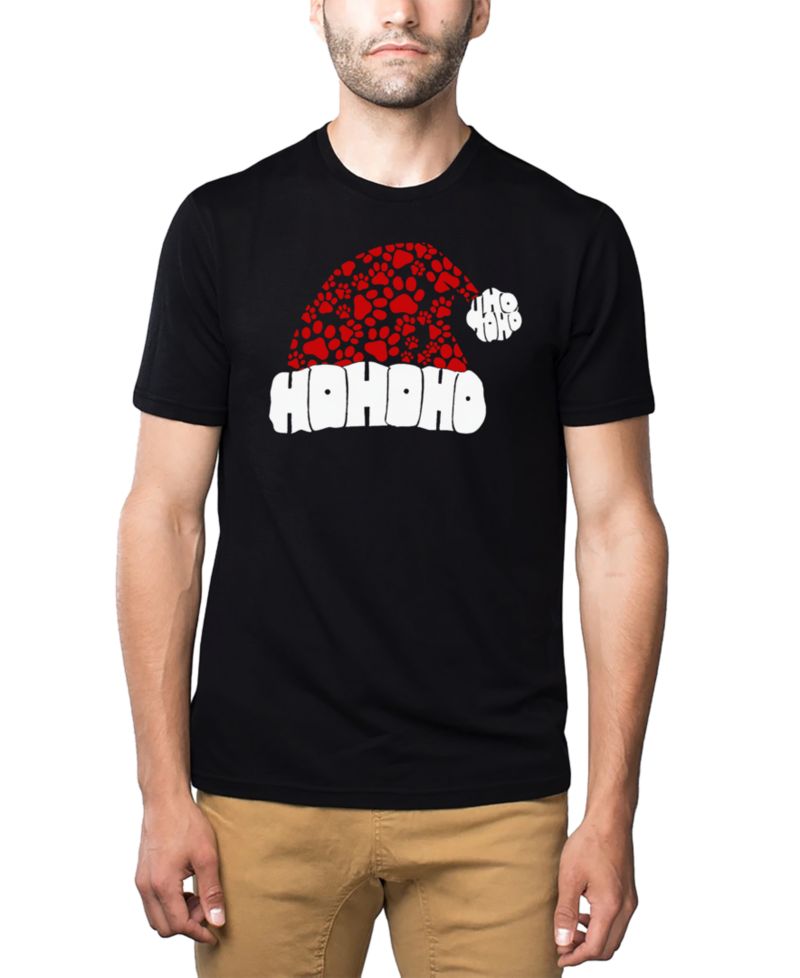 Men's Santa Hat Paw Print Word Art Cotton and Polyester Blend T-Shirt