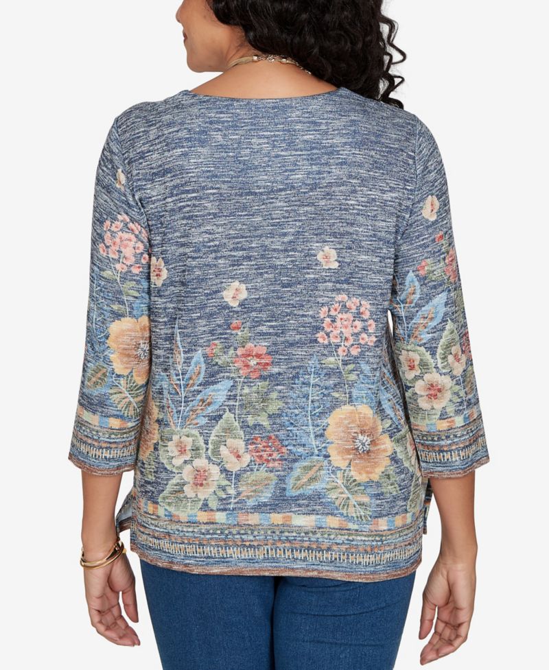 Women's Floral Square Neck 3/4-Sleeve Top
