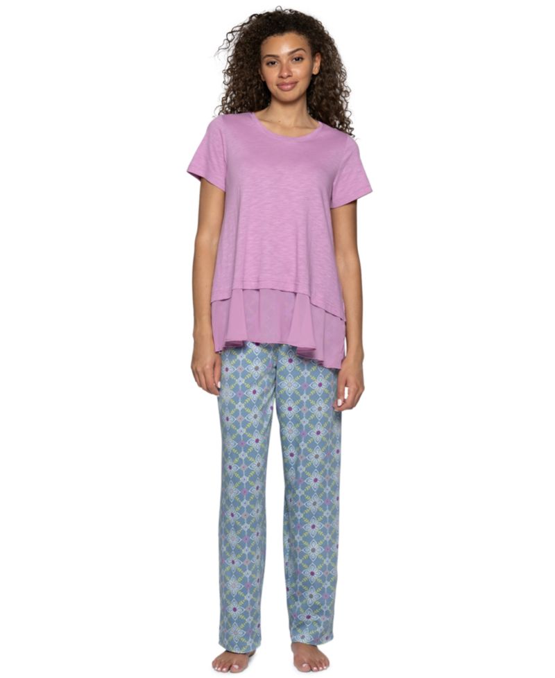 Women's Crewneck Georgette Flounce Cotton-Blend PJ Tee