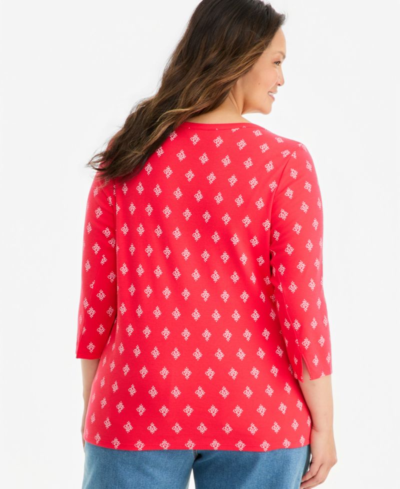 Plus Size Printed 3/4 Sleeve Boat-Neck Top