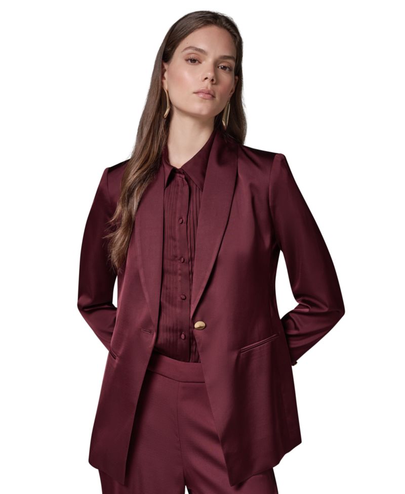Petite Satin Shawl Lapel Shoulder-Padded Blazer