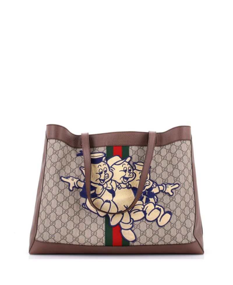 East West Disney Three Little Pigs Ophidia Soft Open Tote GG Coated Canvas