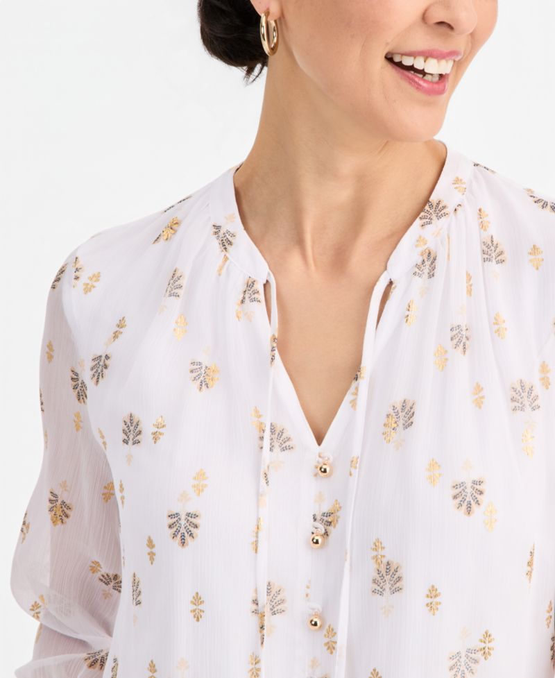 Women's 3/4 Sleeve Metallic-Print Tie-Neck Blouse