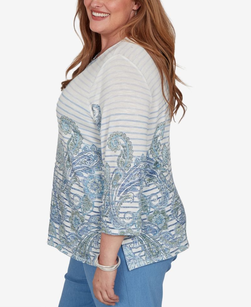 Plus Size Provence Paisley Stripe 3/4-Sleeve Split-Neck Blouse
