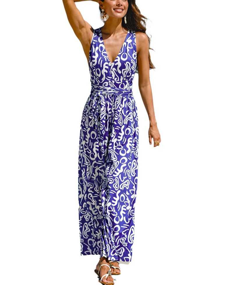 Women's Abstract Print Sleeveless V-Neck Tie Waist Wide Leg Jumpsuit