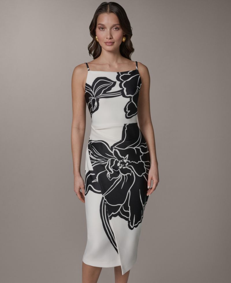 Women's Sleeveless Floral Square Neck Midi Sheath Dress