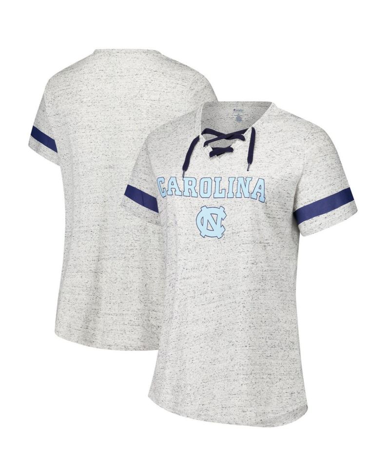 Women's Heather Gray North Carolina Tar Heels Plus Size Lace-Up V-Neck T-Shirt