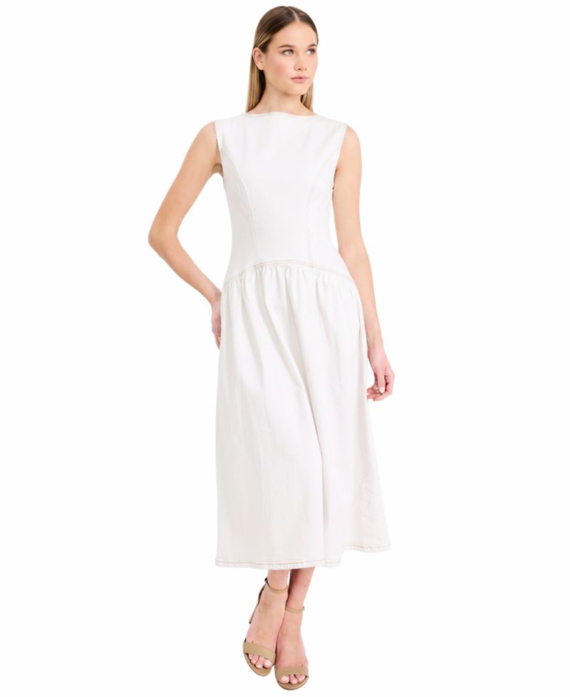 Women's Denim Sleeveless Crewneck Midi Dress