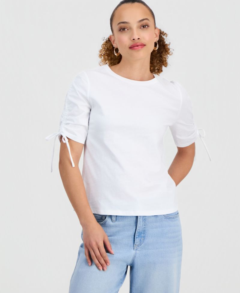 Petite Cotton Tie-Sleeve Round-Neck Top