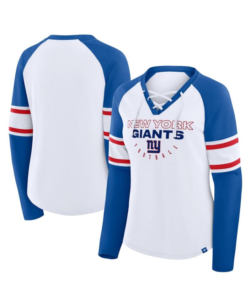 Women's White/Royal New York Giants Redzone Blitz Package Raglan Lace-Up V-Neck Long Sleeve T-Shirt