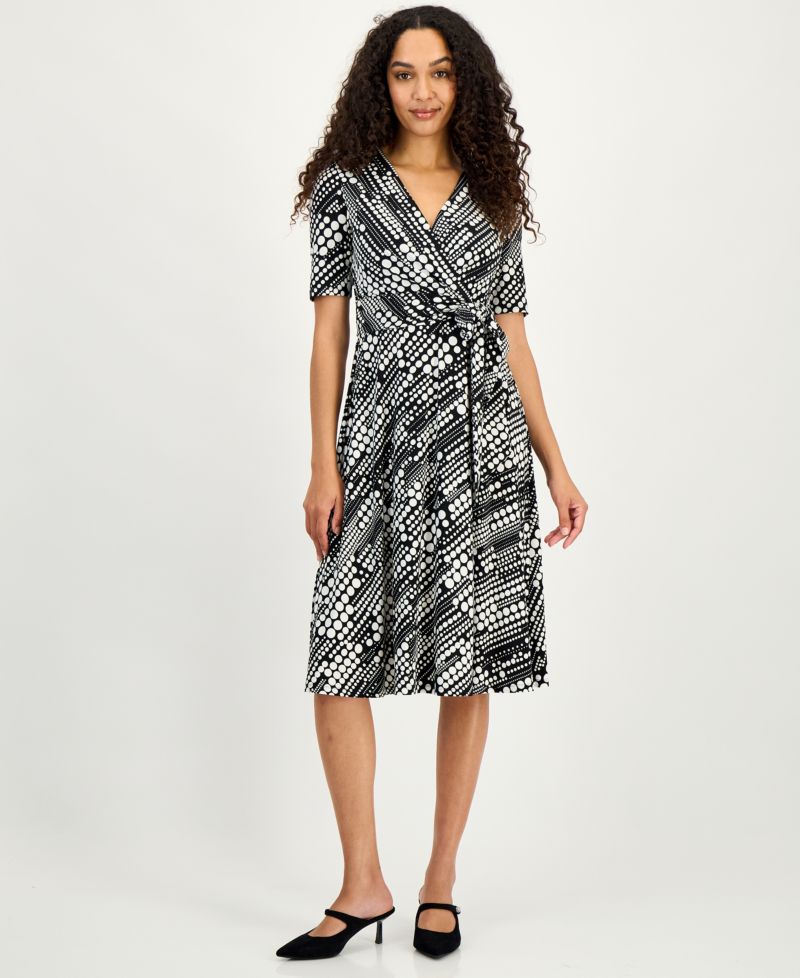 Women's Printed Faux-Wrap Midi Dress