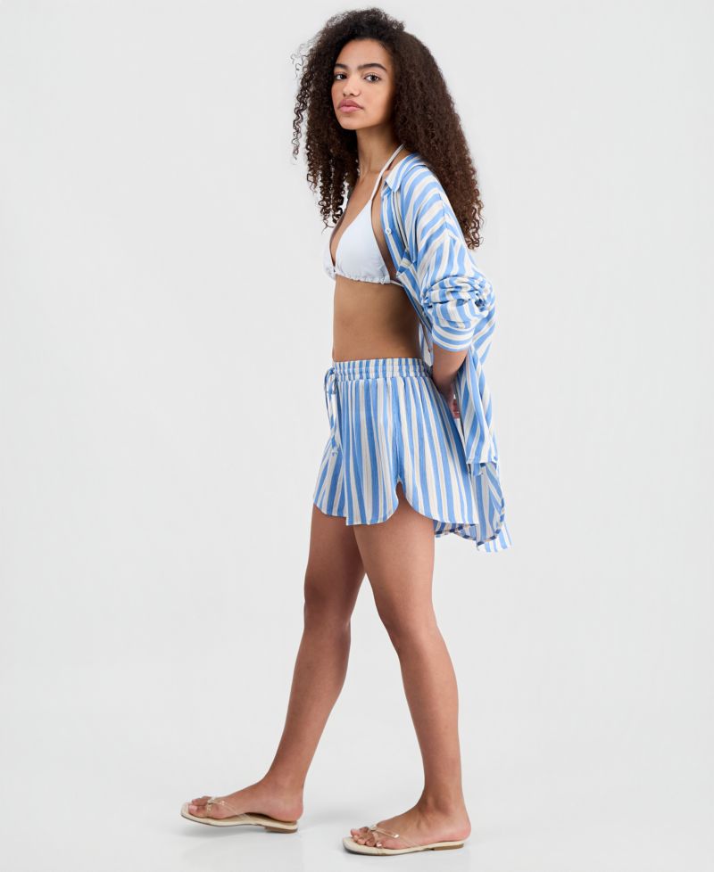 Juniors' Striped Crinkle Gauze Cover-Up Dolphin Shorts