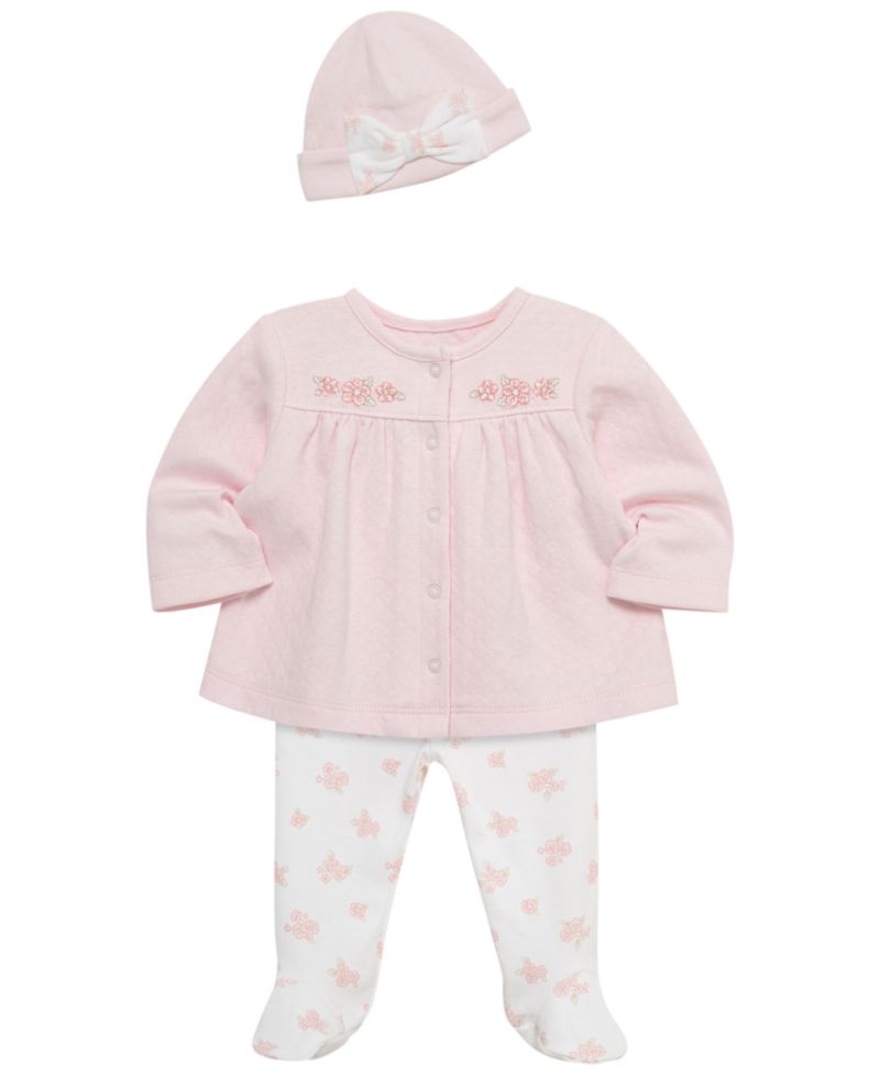 Baby Girls' Cotton Long-Sleeve Cardigan, Pants and Hat, 3-Piece Set