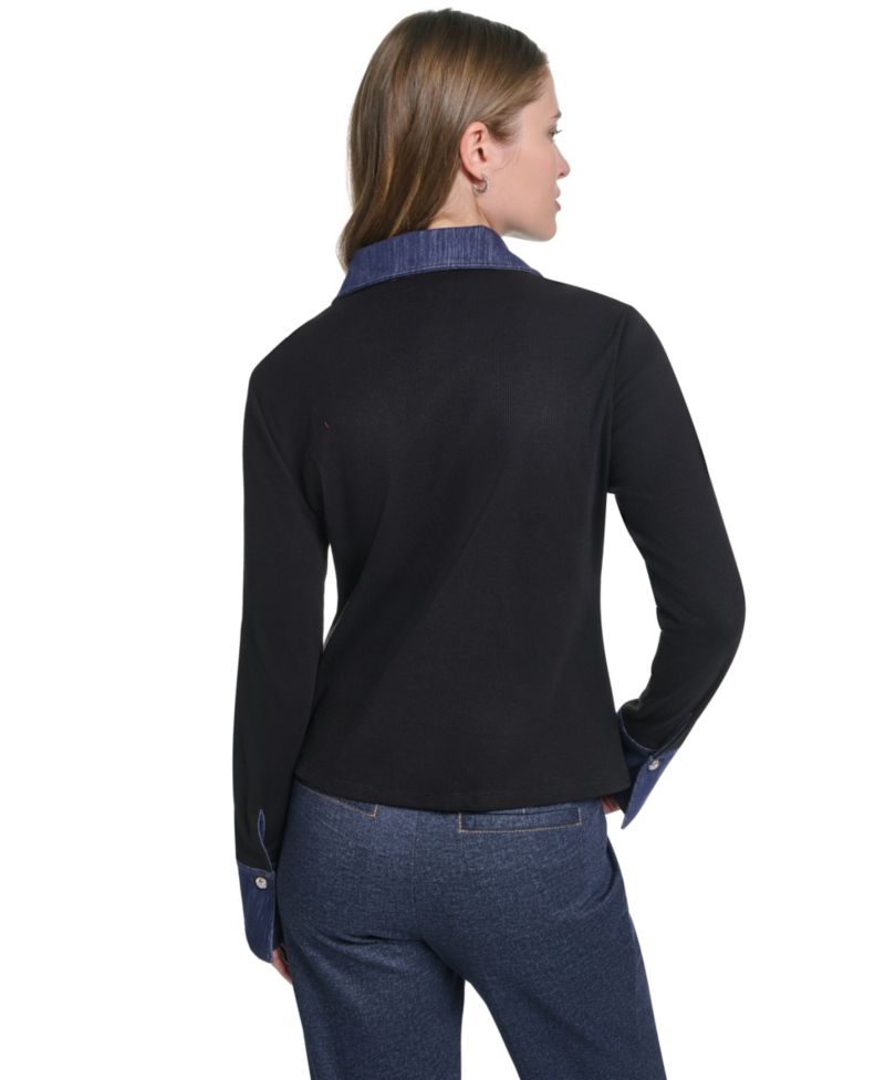 Women's Denim Collar and Cuffs Knit Button-Up Top