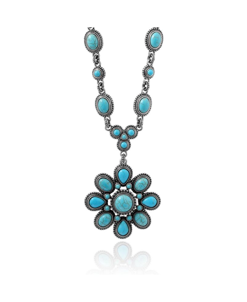 Women's Large Turquoise Stone Flower Necklace in Silver or Gold Tone