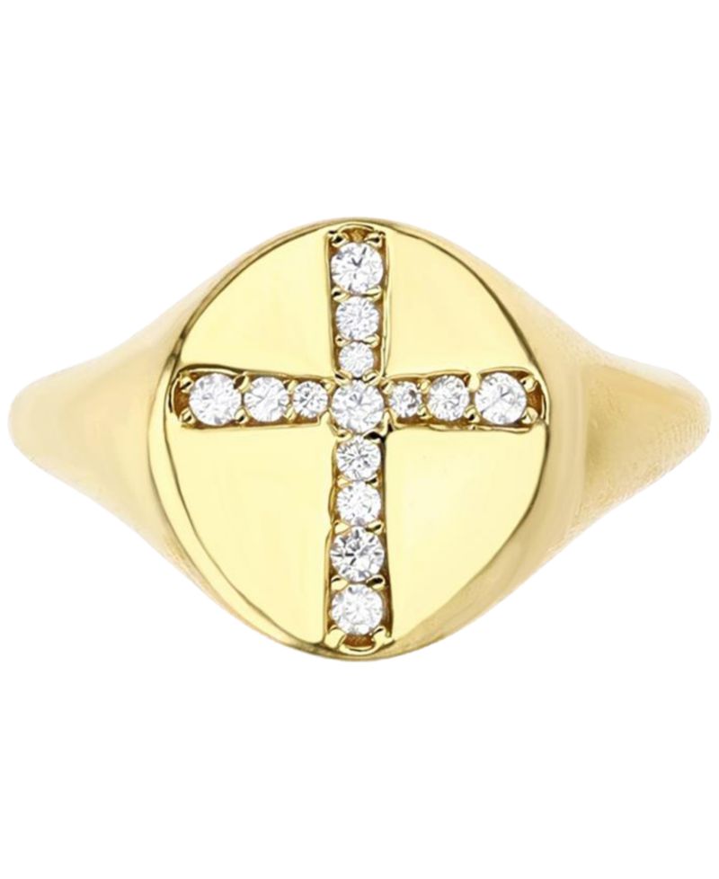 Cubic Zirconia Pav&eacute; Cross Polished Signet Ring
