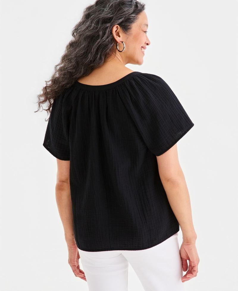 Petite Cotton Gauze Flutter-Sleeve Top