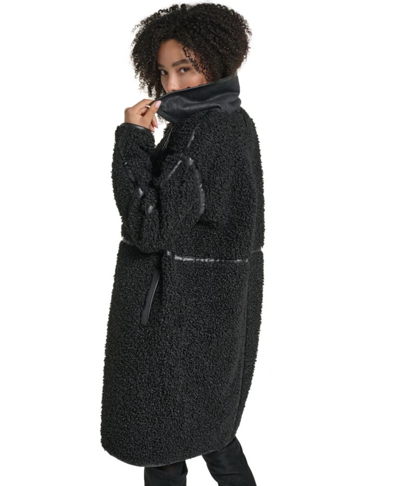 Women's Faux-Leather-Trim Teddy Coat
